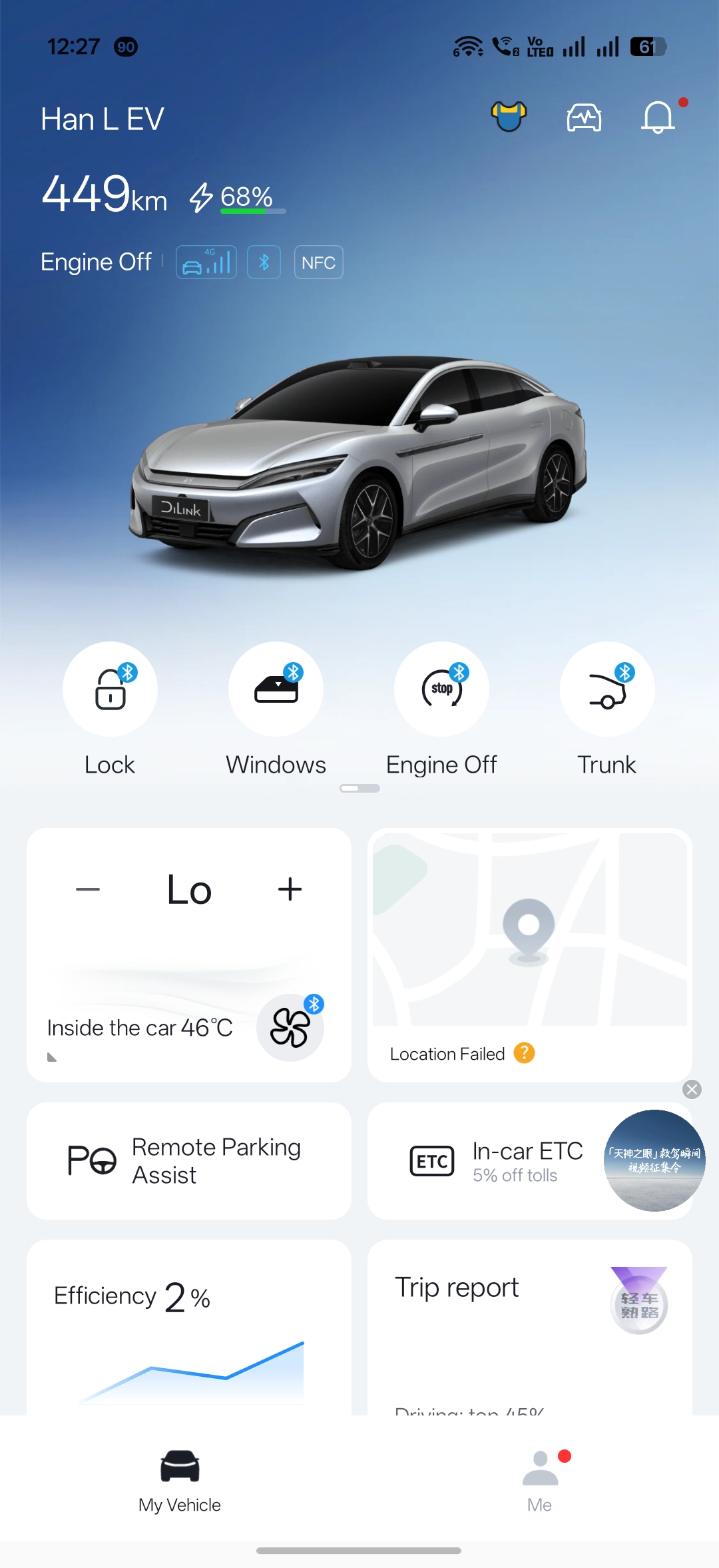 My Vehicle dashboard with Bluetooth controls