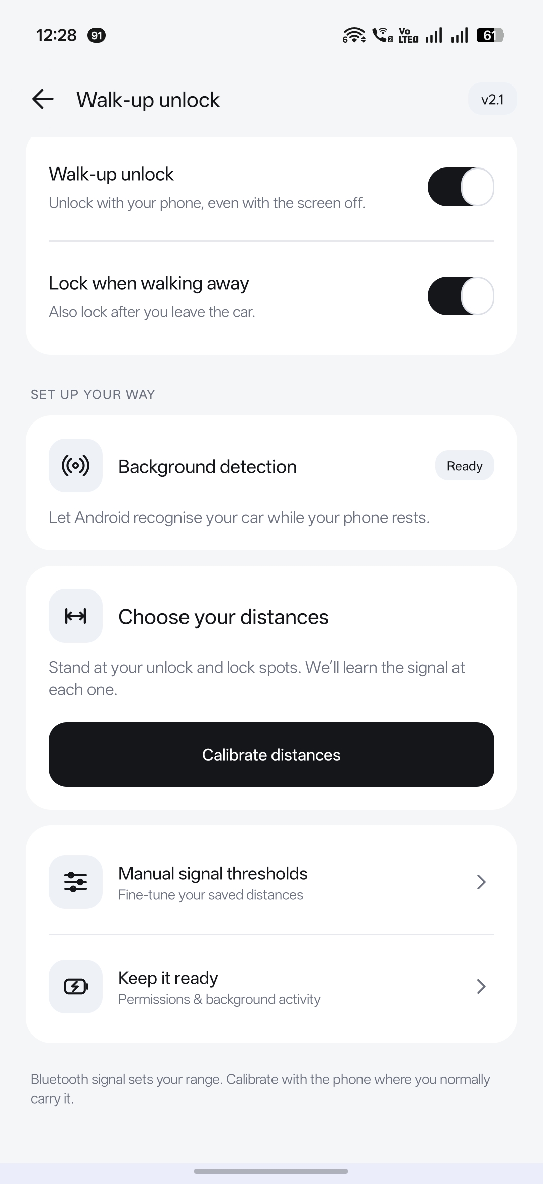 Walk-up unlock settings with background detection, distance calibration and manual thresholds