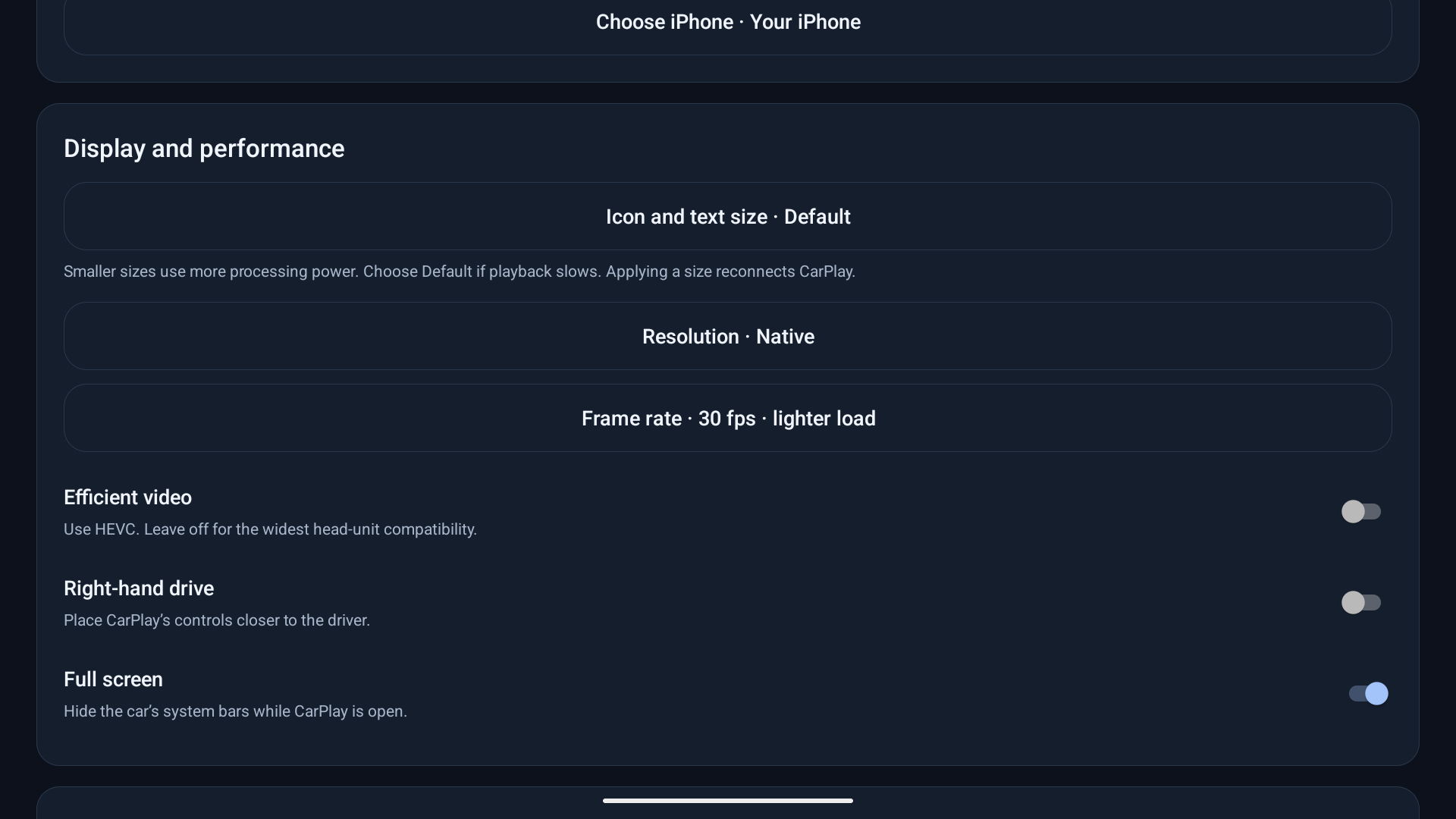 Display size, performance and connection settings. Screenshots show the English app interface.